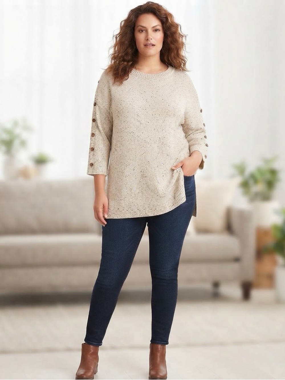Lane Bryant Cream Speckled Button-Sleeve Crewneck Sweater Size 18/20